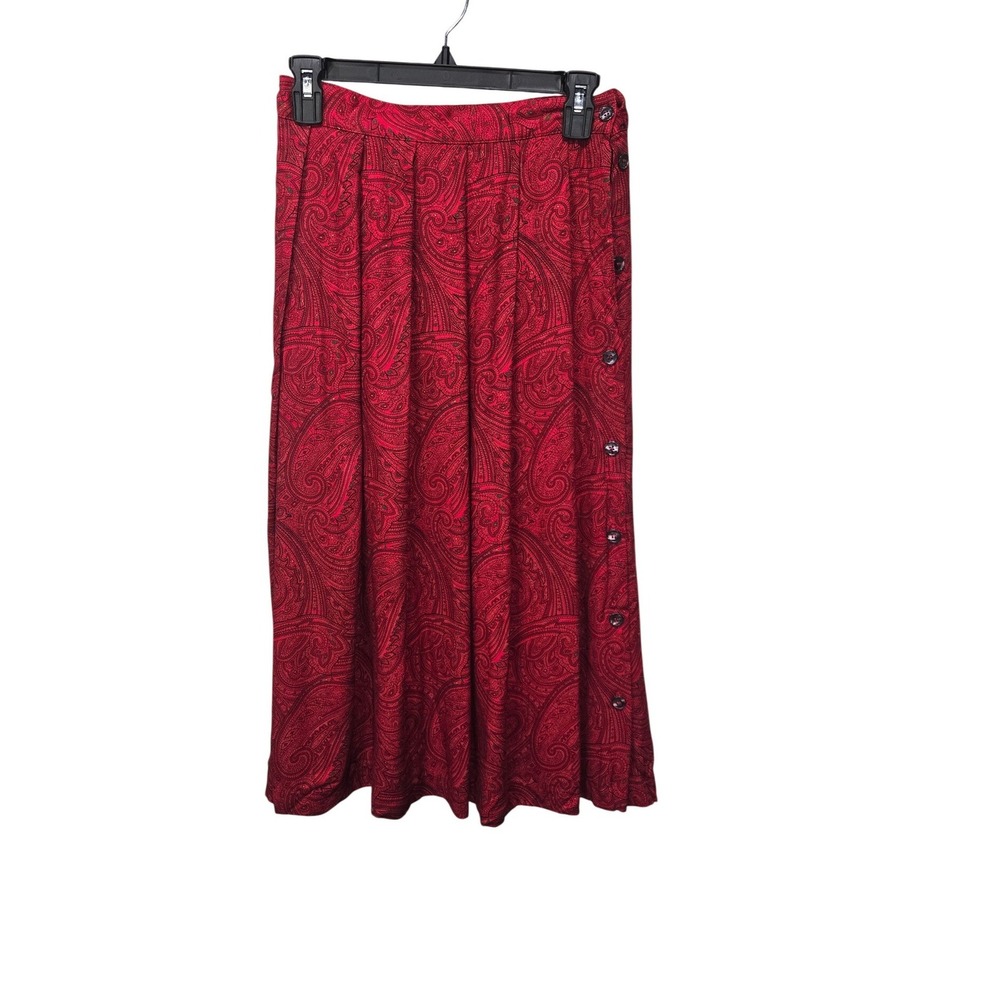 Liz Claiborne Collection Midi Skirt Womens 8 Red Paisley Button Side Rayon Wool